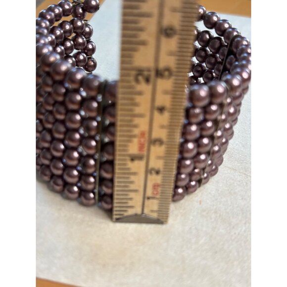Wide Cuff Bracelet With Multiple Rows Of Metallic Mauve Beads And Stretch Band F - Picture 5 of 6
